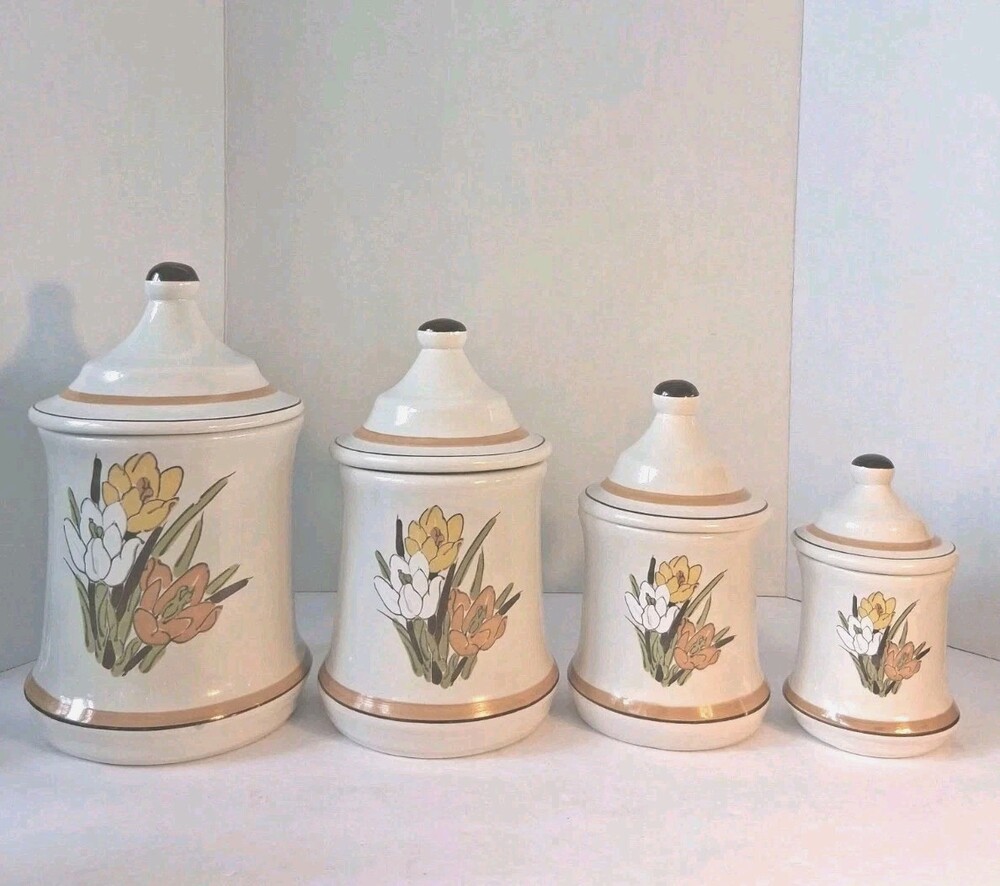Acsons Adela #1025, 4 PC Canister Set w/Lids; Floral Stoneware; MINT CONDITION!